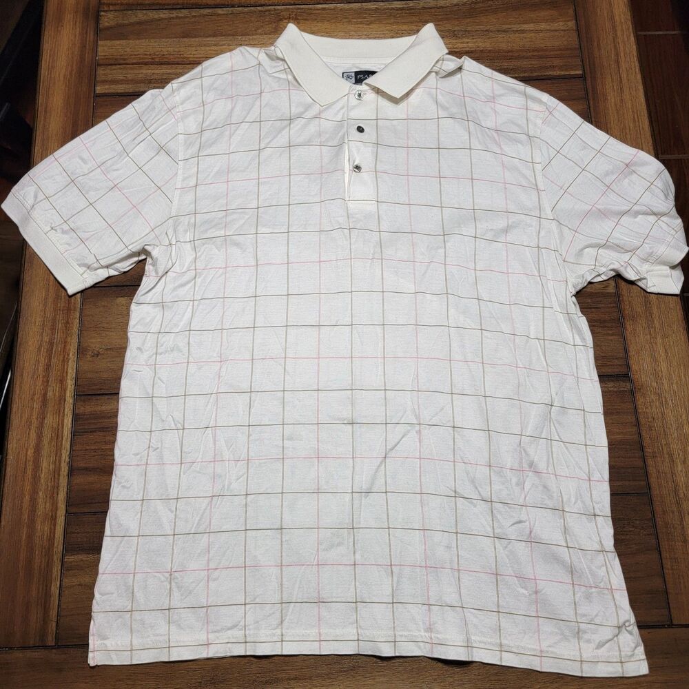 Jos. A. Bank Leadbetter Golf Polo SS White w/ Thin brown pink Stripes - Size XXL